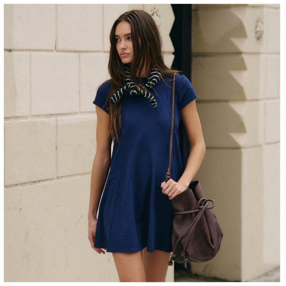 🔥NWT’S FREE PEOPLE Mandi Mini Navy Trapeze Dress Med Stylish Navy *Exposed Seams